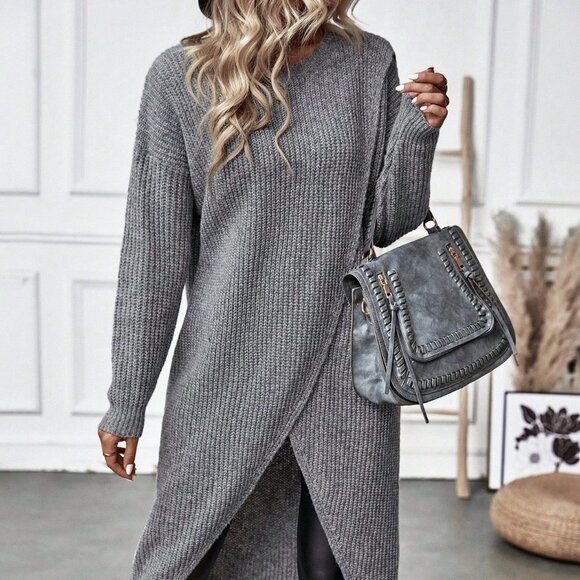Grey Casual Womens Solid Wrap Hem Sweater - Picture 4 of 6